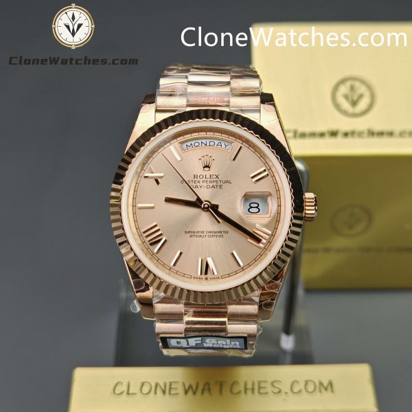 Super Clone Watches – Rolex Day Date 18K Rose Gold Sundust Roman Dial m228235 Presidential Bracelet