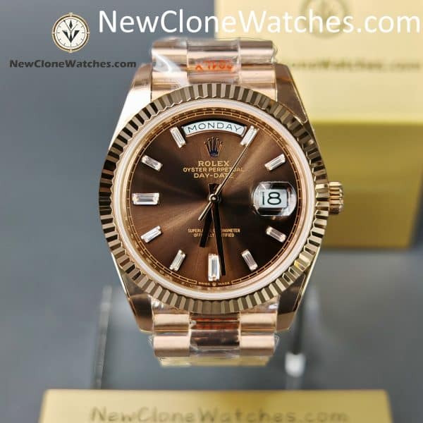 Rolex Super Clone Watches 1:1 Day Date 18K Rose Gold Diamond Chocolate Dial 40mm m228235 3255 Movement