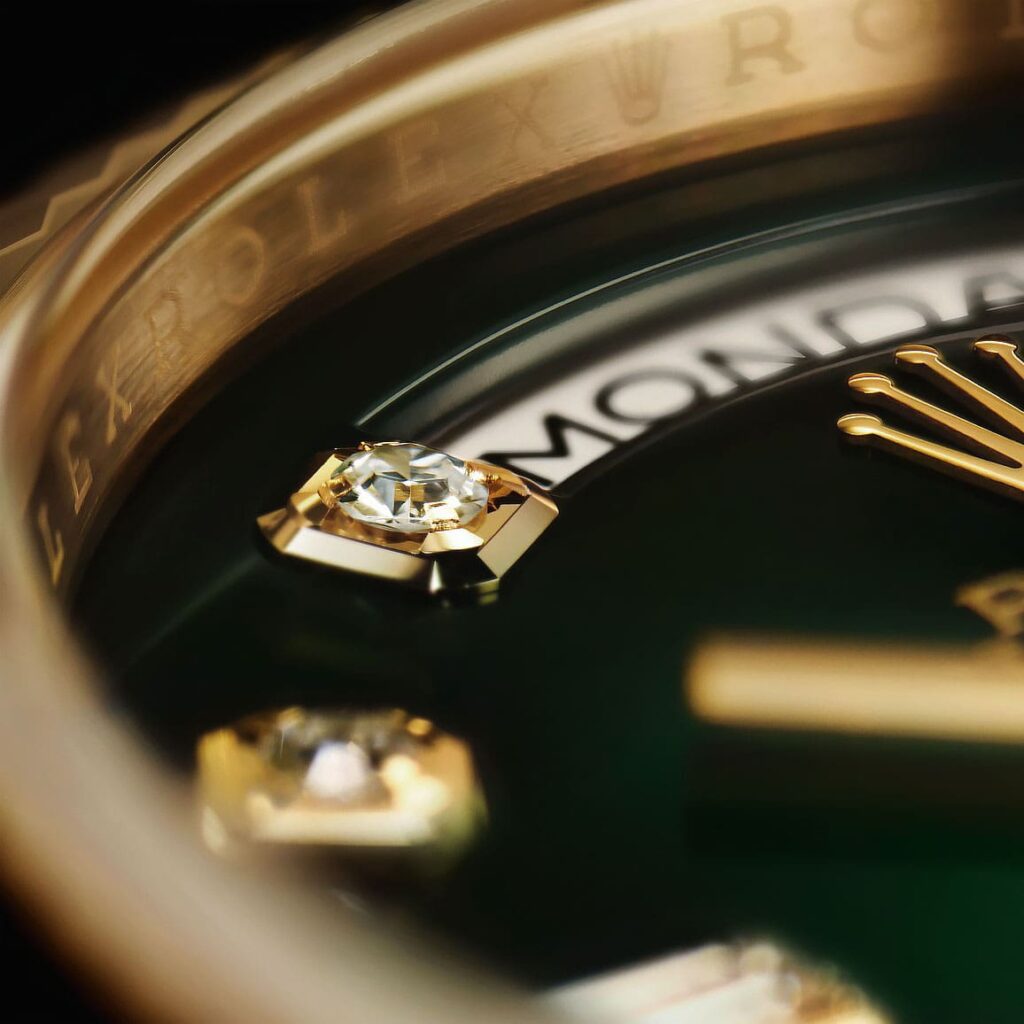 Macro view of prong-setting on a super clone Day-Date dial