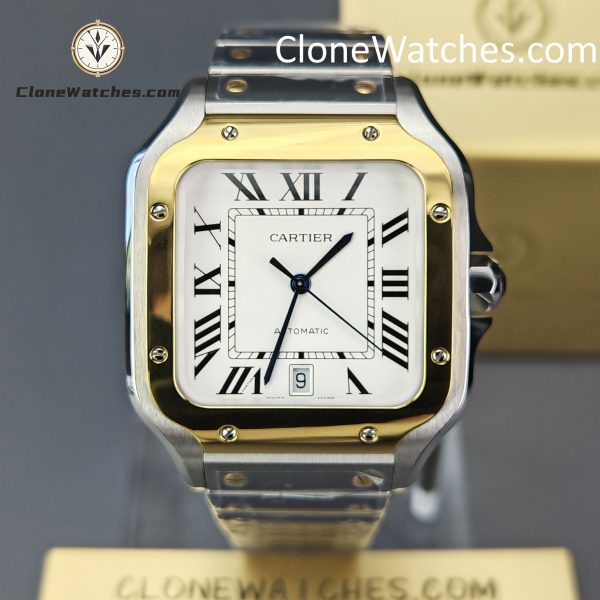 Cartier Super Clone Watches 1:1 Santos Series White Dial 18K gold plated 39.8MM W2SA0009 Steel Strap