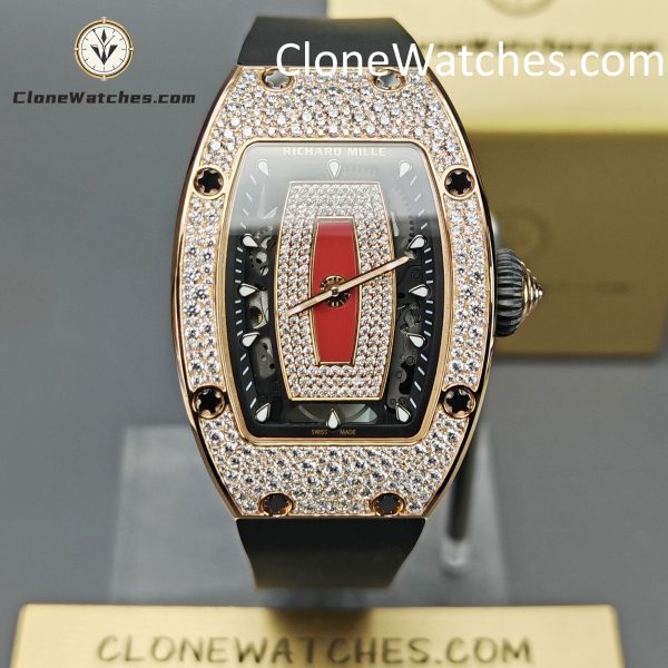 Richard Mille Super clone watches 1:1 RM 07-01Rose Gold Diamond dial Black strap