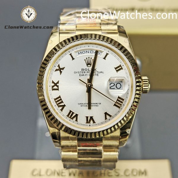 Rolex Super Clone Watches 1:1 Day Date 18K Gold White Dial 36mm m128238-0076 3255 Movement