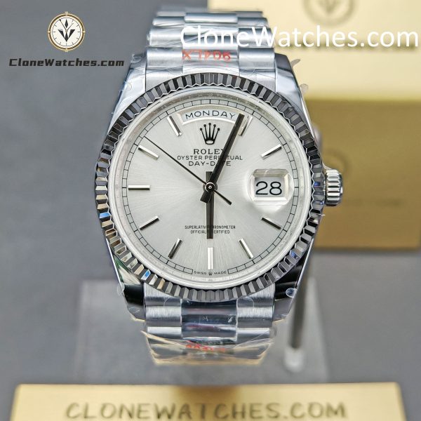 Rolex Super Clone Watches 1:1 Day Date Silver Dial 36mm m128236-0001 3255 Movement