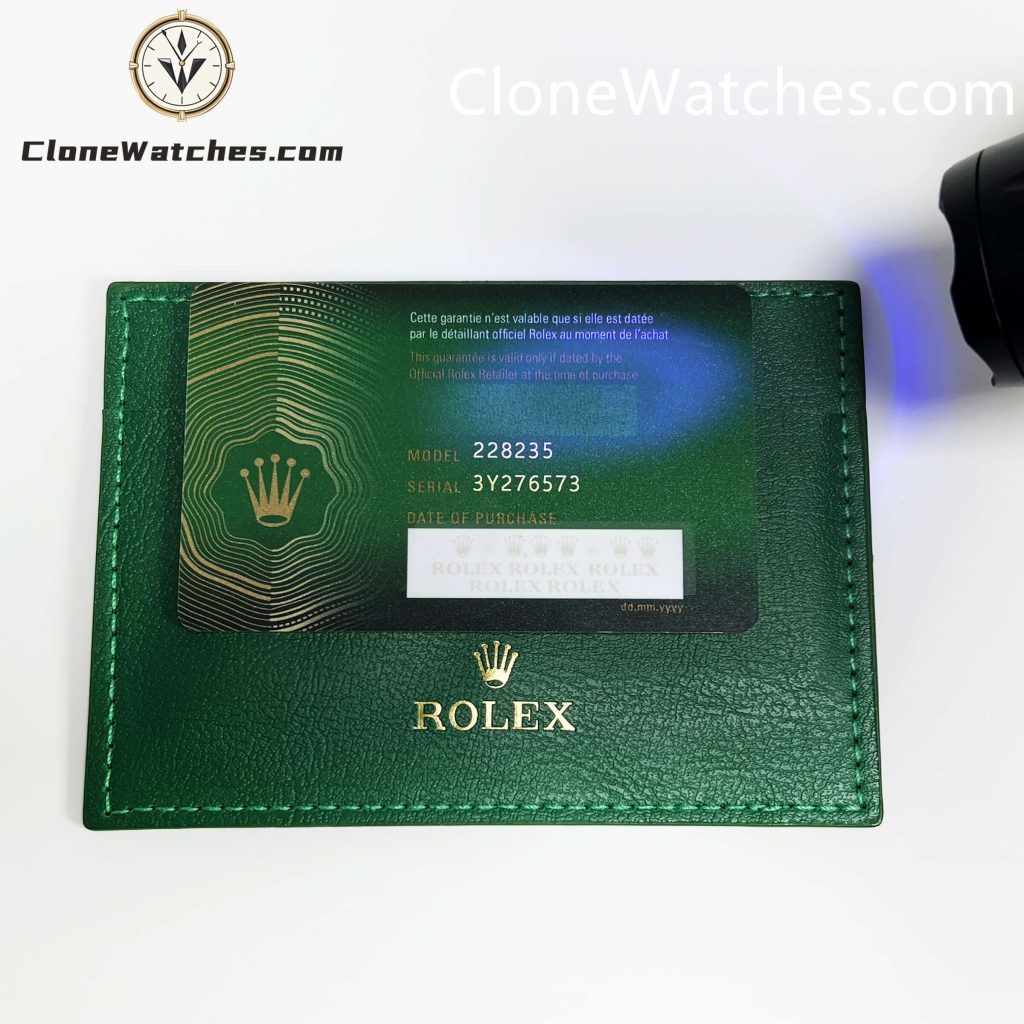 Rolex warranty card under UV light revealing hidden watermarks