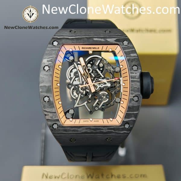 Richard Mille Super Clone Watches 1:1 RM 055 Carbon Tourbillon Black Strap