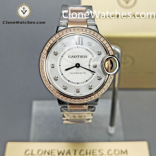 Cartier Super Clone Watches 1:1 Ballon Bleu de W3BB0023 Silver Dial Diamond bezel 33mm
