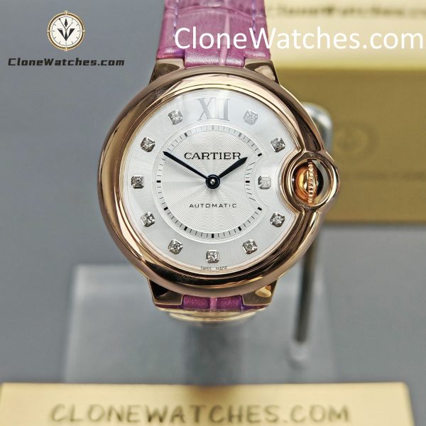 Cartier Super Clone Watches 1:1 Ballon Bleu de WE902040 Silver Dial Diamond Scale 33mm Leather Strap