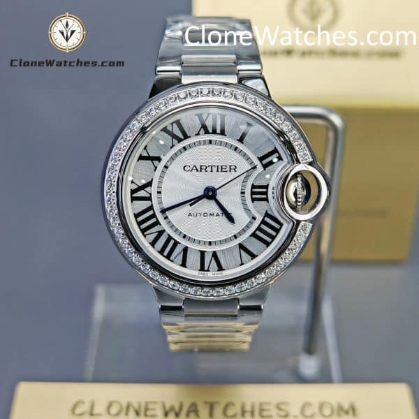 Cartier Super Clone Watches 1:1 Ballon Bleu de W4BB0024 Silver Dial Diamond Bezel 33mm