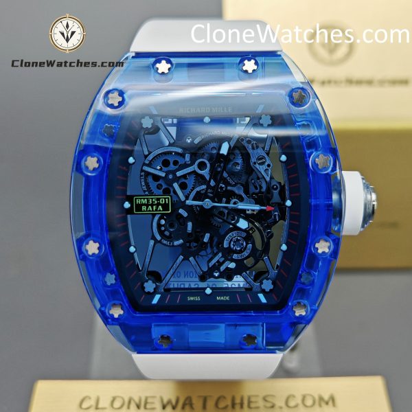 Richard Mille Super Clone Watches 1:1 RM 035 Blue Crystal Tourbillon Transparent Strap