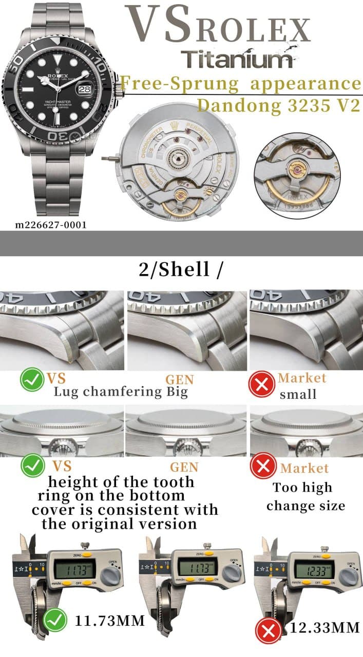 VSF Rolex Yacht-Master 226627 case comparison — lug chamfering width, caseback tooth ring height and 11.73mm calliper measurement versus 12.33mm market alternative