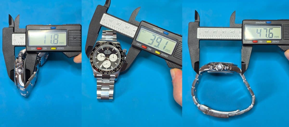 QF Daytona 126529LN super clone case dimensions, 39.1mm diameter and 11.8mm thickness measured on a caliper