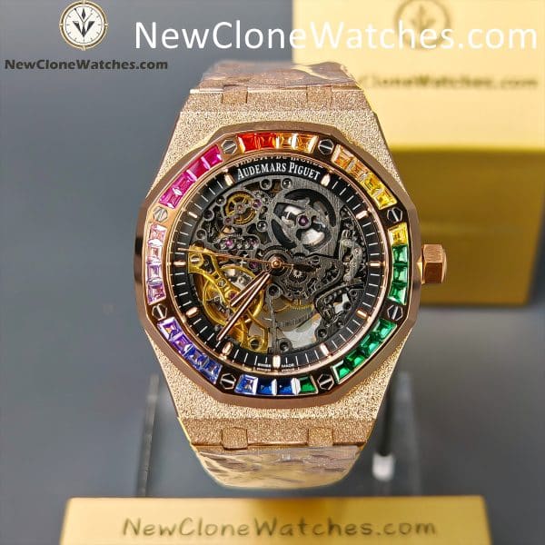Audemars Piguet Super Clone Watches 1:1 Royal Oak 15412OR Rose Gold Skeleton Dial Rainbow Gem Bezel